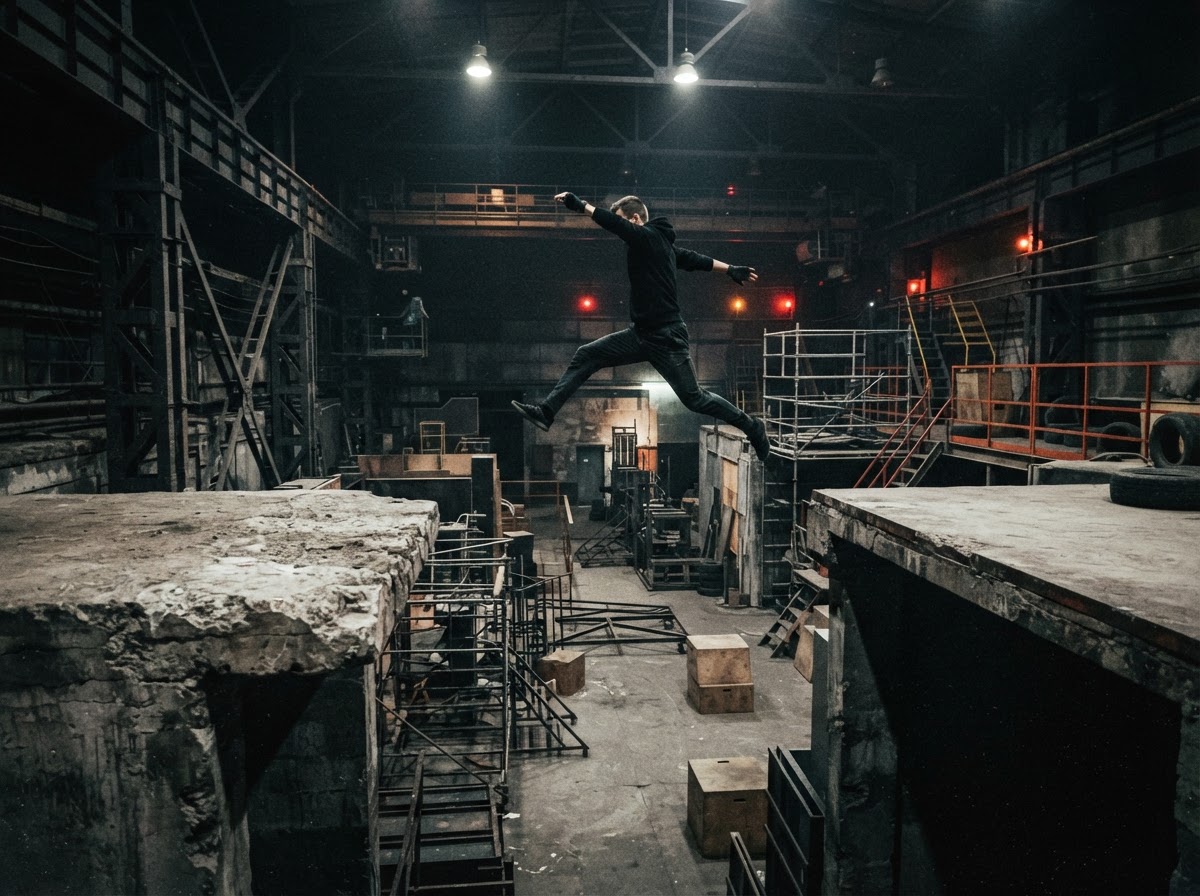 Advanced athlete leaping a gap between concrete ledges