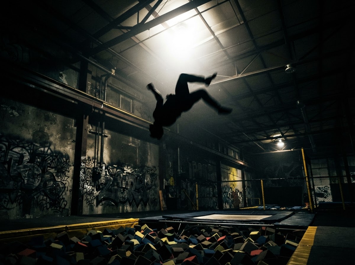 Silhouette backflip against light above a foam pit